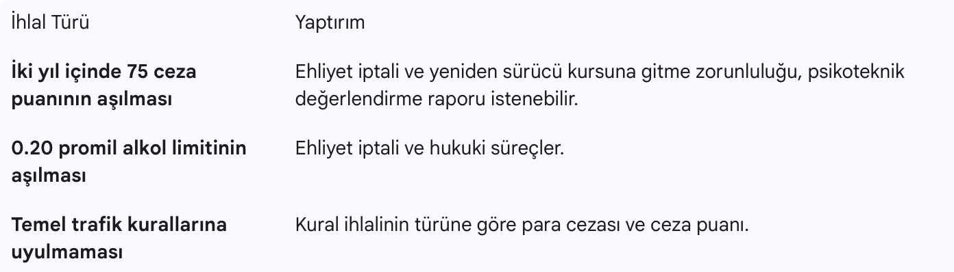 Stajyer Ehliyet İhlal ve Yaptırım Tablosu